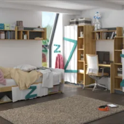 Pokój młodzieżowy z drewnianymi meblami na wymiar, łóżkiem z szufladami i elementami dekoracyjnymi w kształcie litery Z w kolorze morskim.