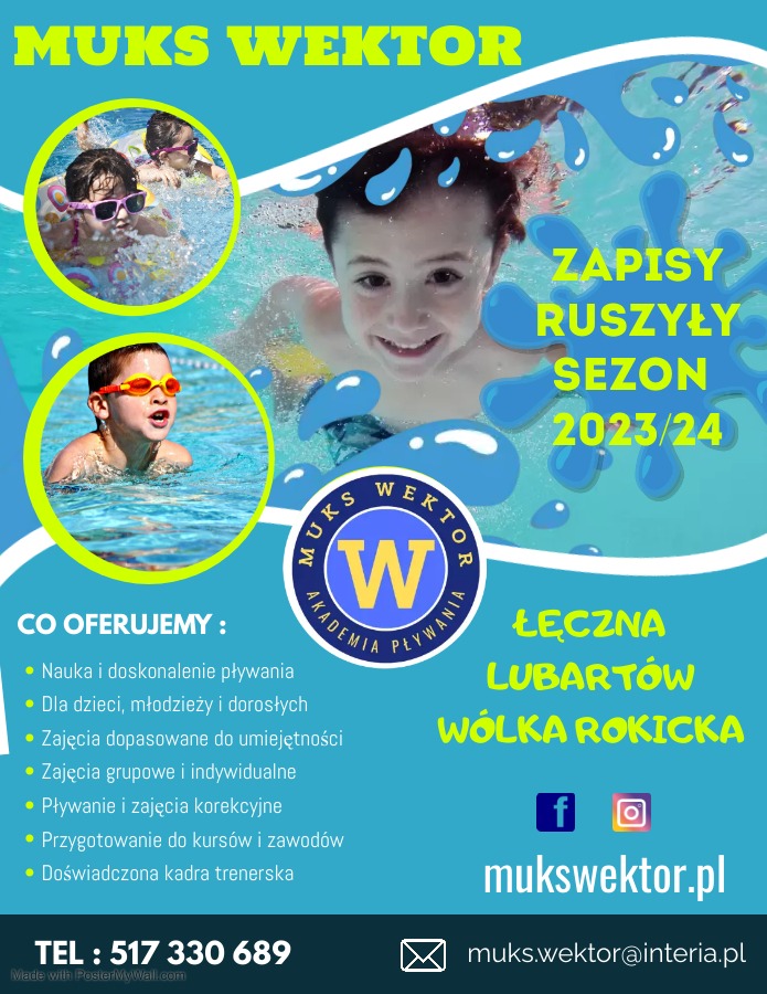 Plakat reklamowy Akademii Pływania MUKS WEKTOR z hasłem 'Zapisy ruszyły sezon 2023/24', z wizerunkami dzieci w basenie i logo firmy.