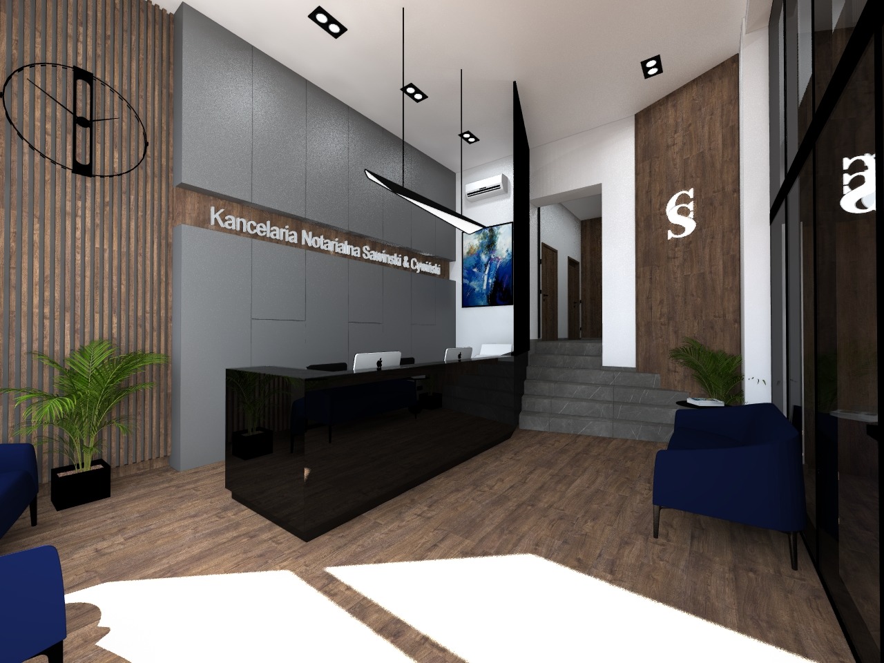 Wnętrza komercyjne - Kancelaria Notarialna w Szczecinie. Kompleksowy projekt wnętrz z koordynacją zamówień.