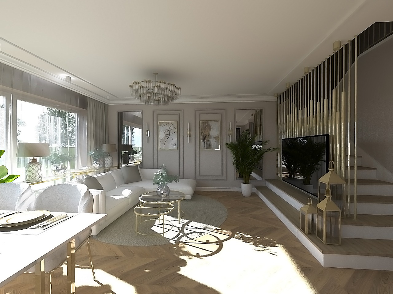 Stylowy dom ze złotymi akcentami w Warzymicach. Kompleksowy projekt wnętrz z koordynacją zamówień.