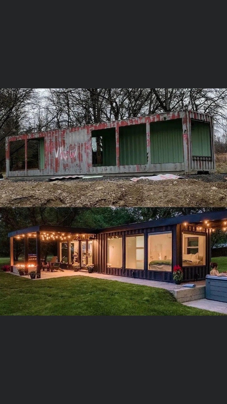 Transformacja kontenera morskiego w nowoczesny dom: zdjęcie 'przed' zardzewiałego kontenera i zdjęcie 'po' z wykończonym domem z oknami, tarasem z oświetleniem i jacuzzi.