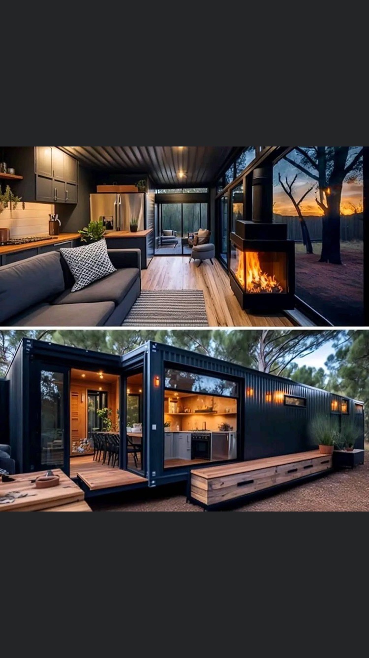 Dwa ujęcia kontenera mieszkalnego: wnętrze z kuchnią, salonem i kominkiem z widokiem na zachód słońca, oraz zewnętrzny widok z otwartą częścią jadalną i drewnianą ławką