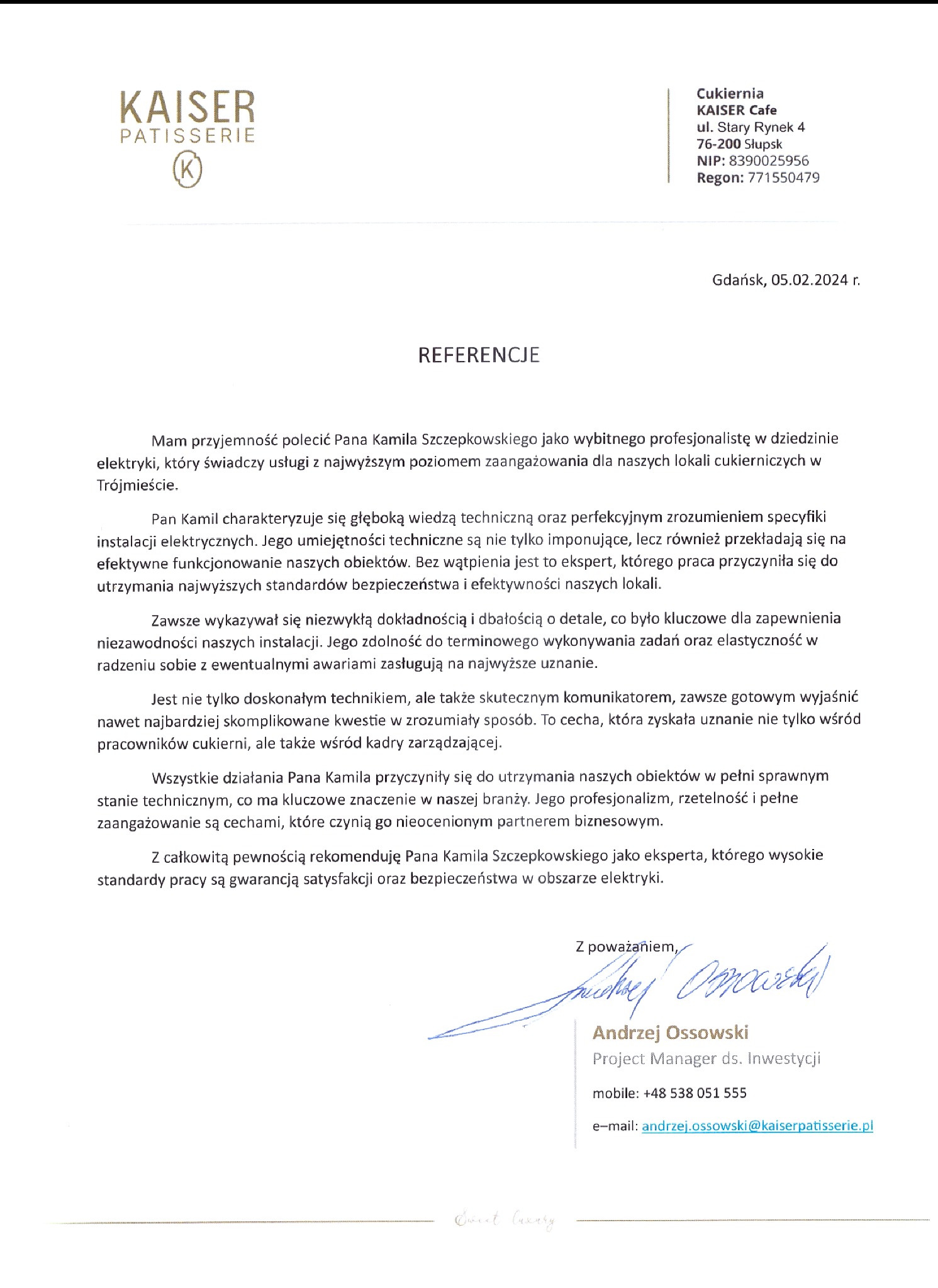 Skan referencji dla elektryka od cukierni Kaiser Patisserie, z podpisem Andrzeja Ossowskiego, Project Managera ds. Inwestycji, datowane na 05.02.2024, Gdańsk.