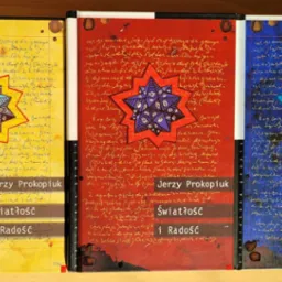 Trzy tomy książki 'Światłość i Radość' Jerzego Prokopiuka, każda w innym kolorze (żółty, czerwony, niebieski), z okładkami zdobionymi rękopisami i geometrycznymi gwiazdami z motywem oka.