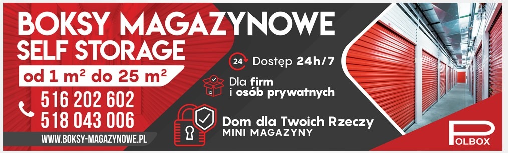 Reklama boksów magazynowych Self Storage: czerwone boksy w korytarzu, informacja o dostępie 24/7, numerach telefonów i stronie internetowej.