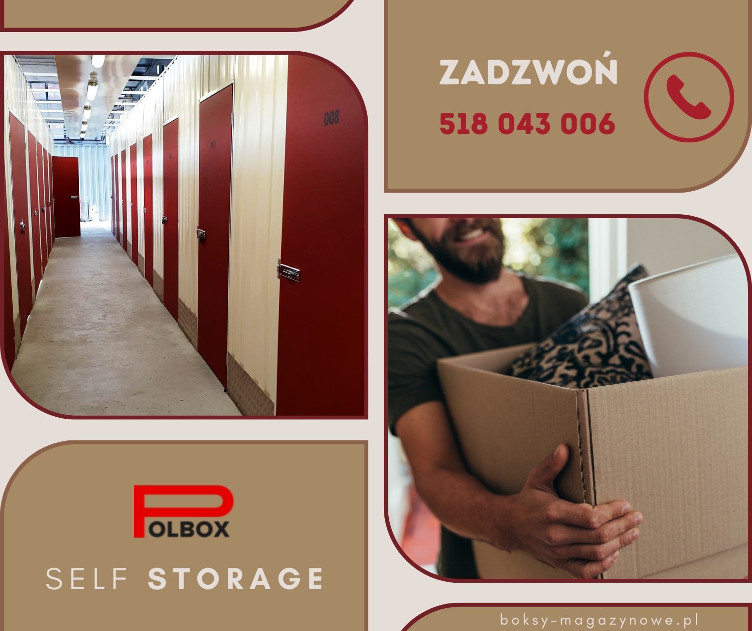 Korytarz z rzędami boksów z czerwonymi drzwiami, mężczyzna niosący karton z rzeczami, logo firmy oferującej boksy samoobsługowe.
