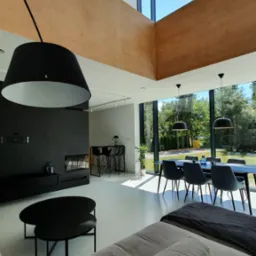 Jasne, przestronne wnętrze domu z wysokim sufitem, drewnianymi panelami i dużymi oknami wychodzącymi na ogród. Wnętrze urządzone w minimalistycznym stylu z czarnymi akcentami, w tym lampami...