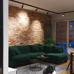 Maria Green Design - Salon z ceglaną ścianą, ciemnozielonym narożnikiem, okrągłymi stolikami kawowymi na wzorzystym dywanie i psem rasy Border Collie siedzącym na drewnianej podłodze, oświetlenie szynowe.