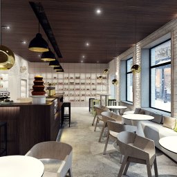 Maria Green Design - Wizualizacja wnętrza kawiarni z ceglanymi ścianami, złotymi lampami kulistymi i widokiem za oknem na padający śnieg. W tle regały z produktami, a na pierwszym planie stoliki i krzesła.