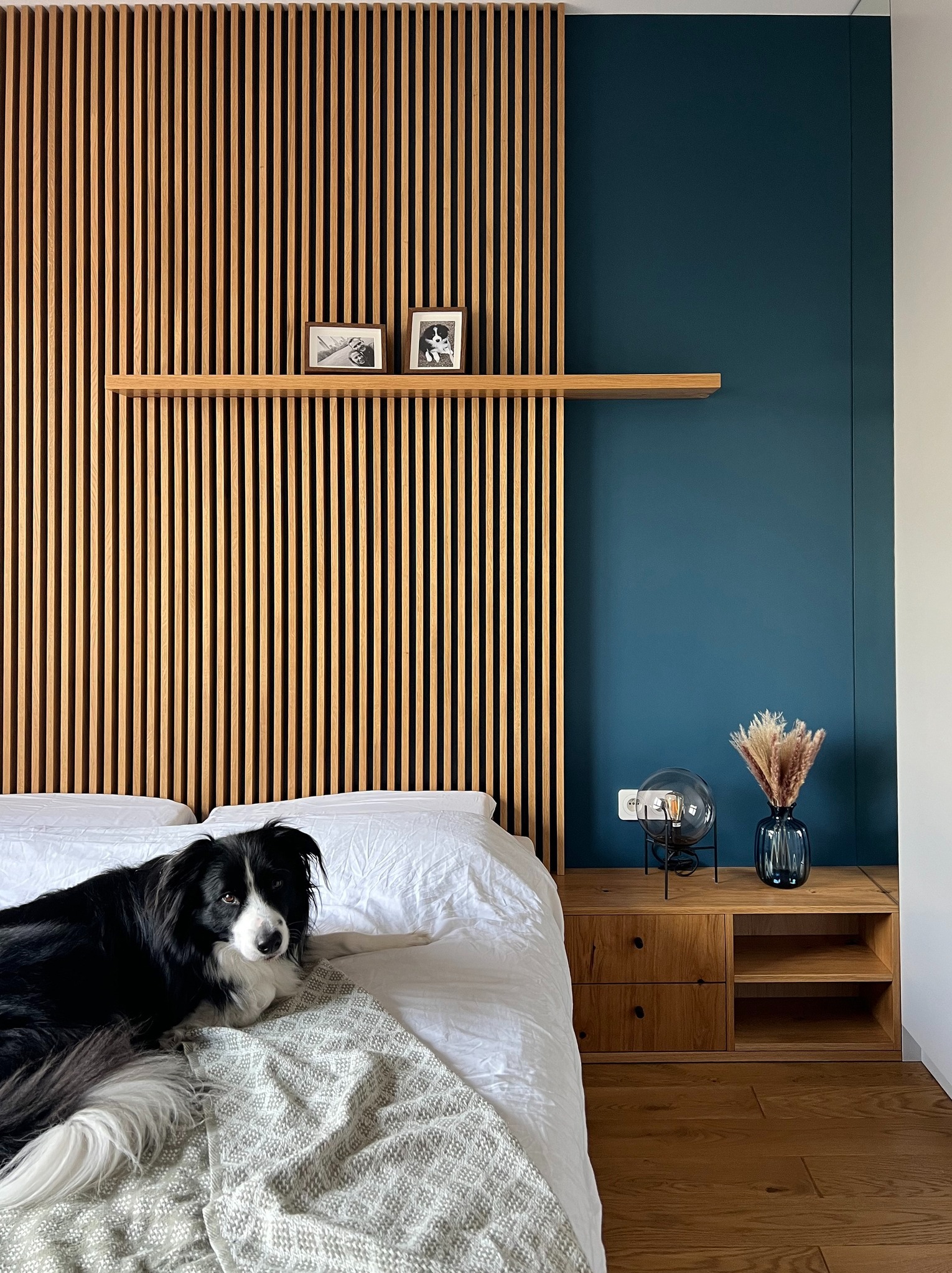 Sypialnia z drewnianą ścianą z listew, półką z ramkami, nocnym stolikiem z lampką i wazonem, oraz psem rasy border collie leżącym na łóżku.
