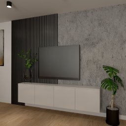 TS STYL MEBLE TOMASZ SIWCZYK - Wizualizacja salonu z białymi szafkami RTV, telewizorem na ścianie z betonową fakturą, czarnymi lamelami, obrazem i roślinami doniczkowymi.