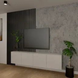 Wizualizacja salonu z białymi szafkami RTV, telewizorem na ścianie z betonową fakturą, czarnymi lamelami, obrazem i roślinami doniczkowymi.