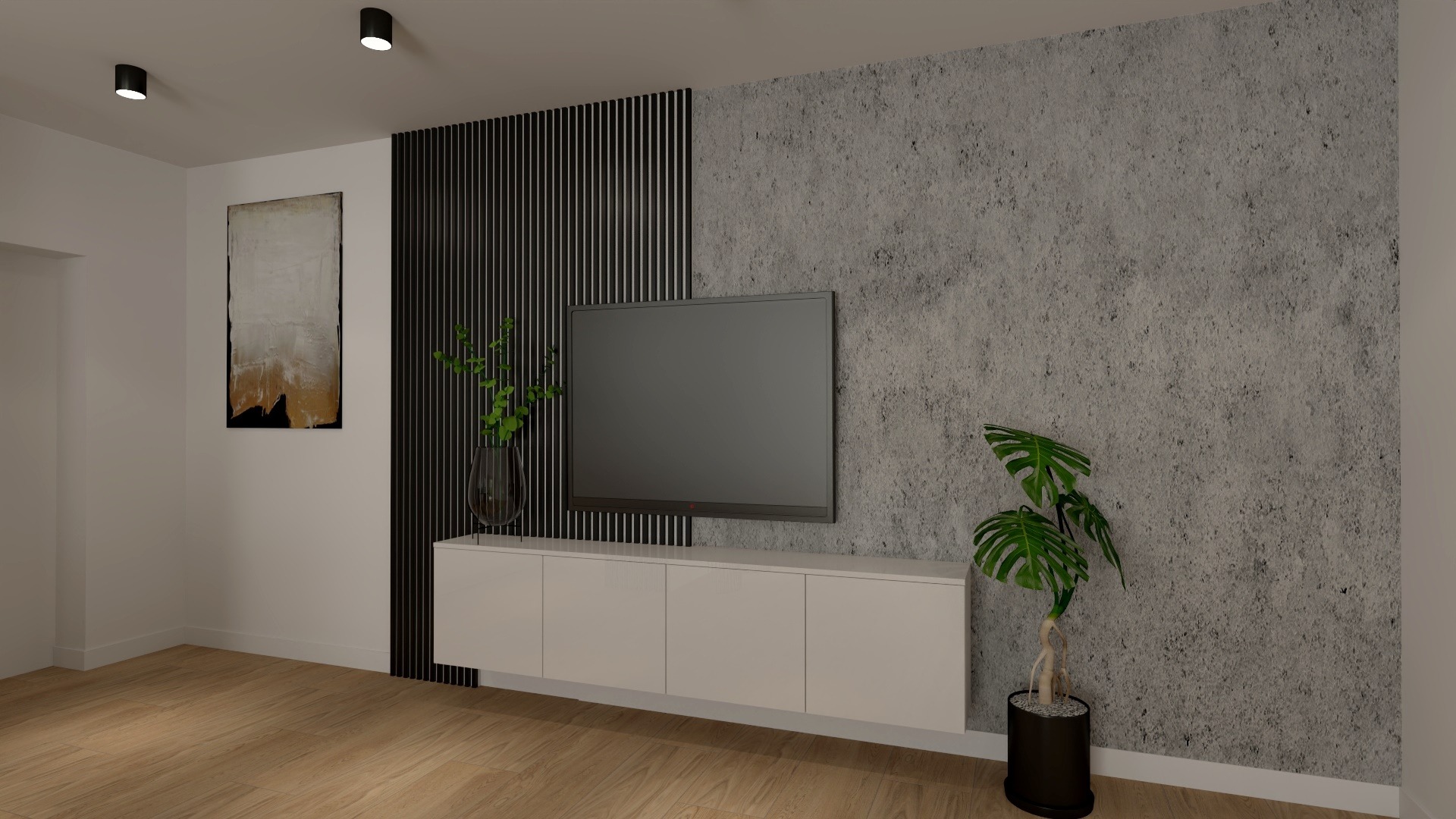Wizualizacja salonu z białymi szafkami RTV, telewizorem na ścianie z betonową fakturą, czarnymi lamelami, obrazem i roślinami doniczkowymi.
