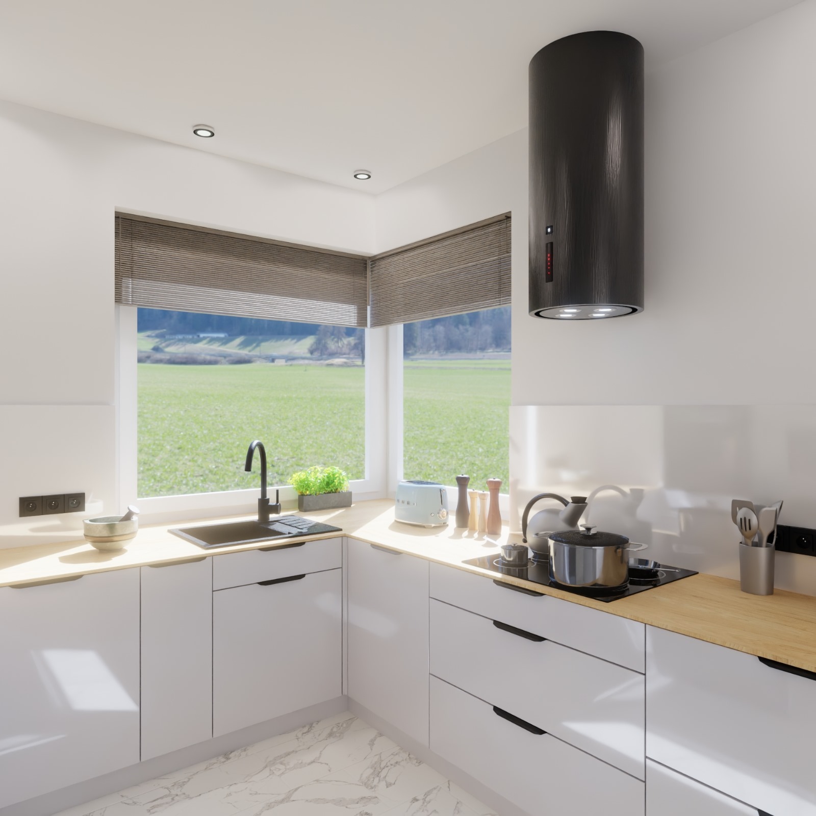 Jasna kuchnia z białymi szafkami i drewnianym blatem, czarny okrągły okap nad płytą grzewczą, okno z widokiem na zieleń. Minimalistyczny design.