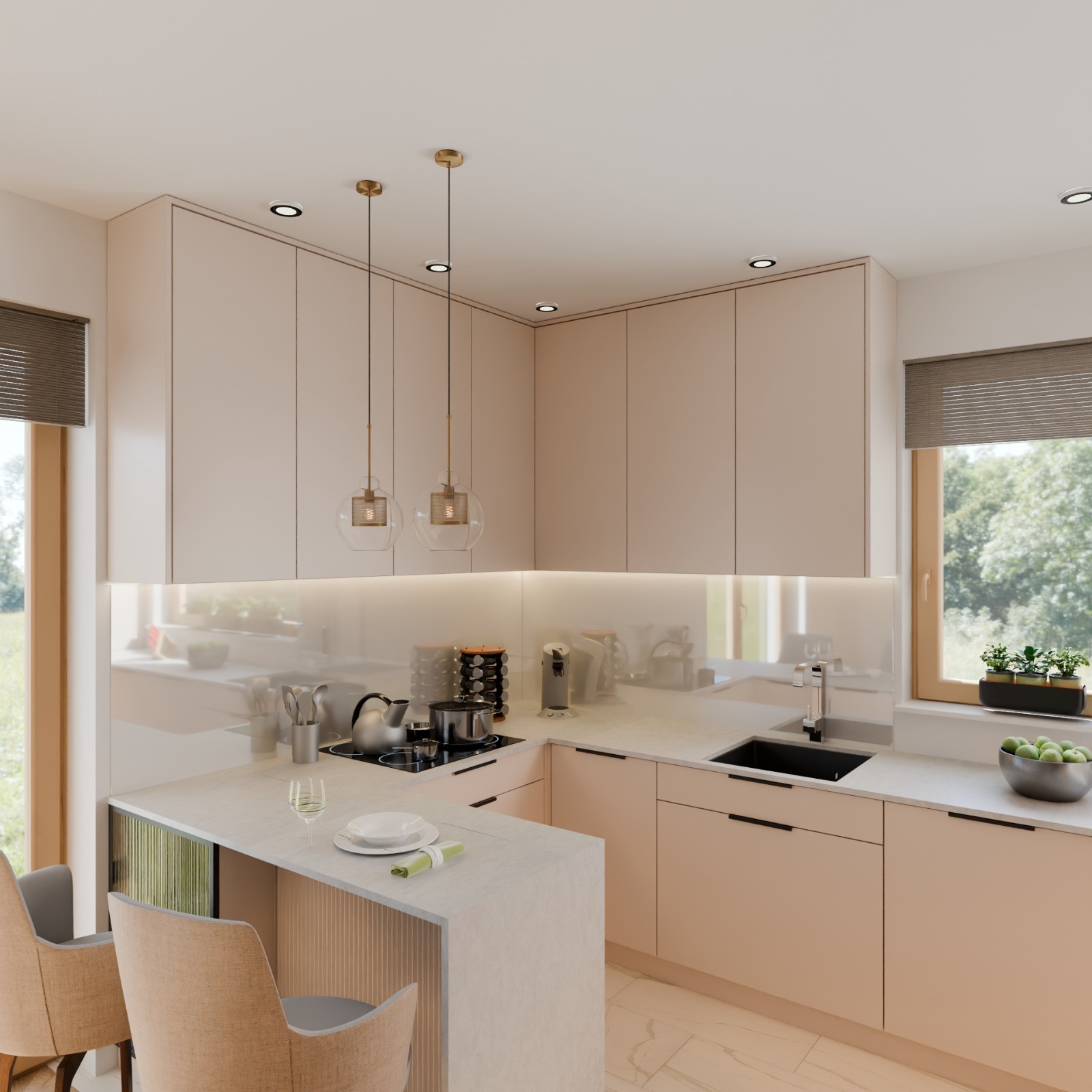 Jasna kuchnia z beżowymi frontami, oświetleniem podszafkowym i wyspą z dwoma krzesłami. Na blacie zastawa stołowa i szklanka. Widok na okno z roletami.