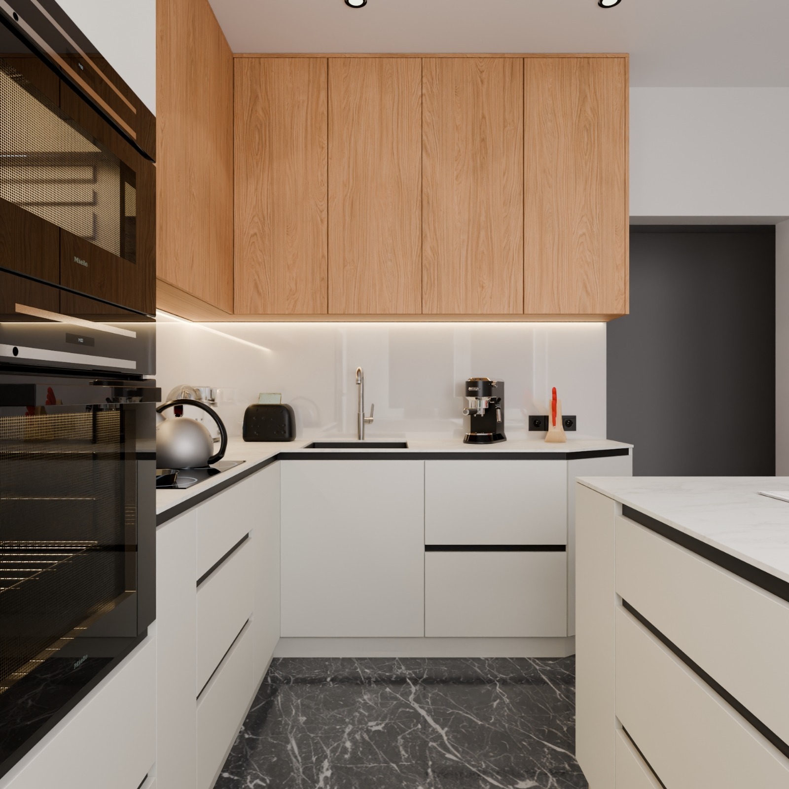 Nowoczesna kuchnia z drewnianymi szafkami górnymi i białymi dolnymi, czarnym blatem, marmurową podłogą i wbudowanym piekarnikiem Miele.