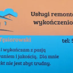 Wizytówka firmy remontowo-wykończeniowej: Marcin Tęsiorowski, z logo przedstawiającym stylizowany dom z chmurami i hasłem 'Remontuje i wykańczam z pasją'.