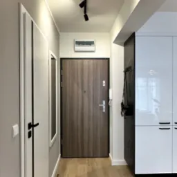 Nowoczesny przedpokój z drewnopodobną podłogą, szarą ścianą, białą szafą w zabudowie i drzwiami wejściowymi z wizjerem, oświetlony reflektorami.