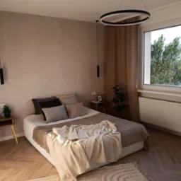 Beżowa sypialnia z parkietem w jodełkę. Na łóżku leży otwarta książka i miękki koc. Okno z widokiem na zieleń. Minimalistyczne lampy wiszące i okrągły żyrandol.