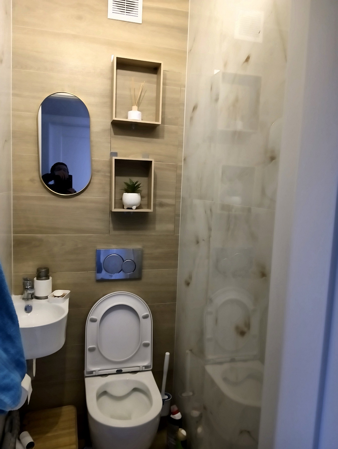 Nowoczesna łazienka z drewnopodobnymi płytkami, wiszącą muszlą klozetową, umywalką nablatową i dekoracyjnymi półkami z roślinami, widoczne odbicie fotografa w owalnym lustrze.