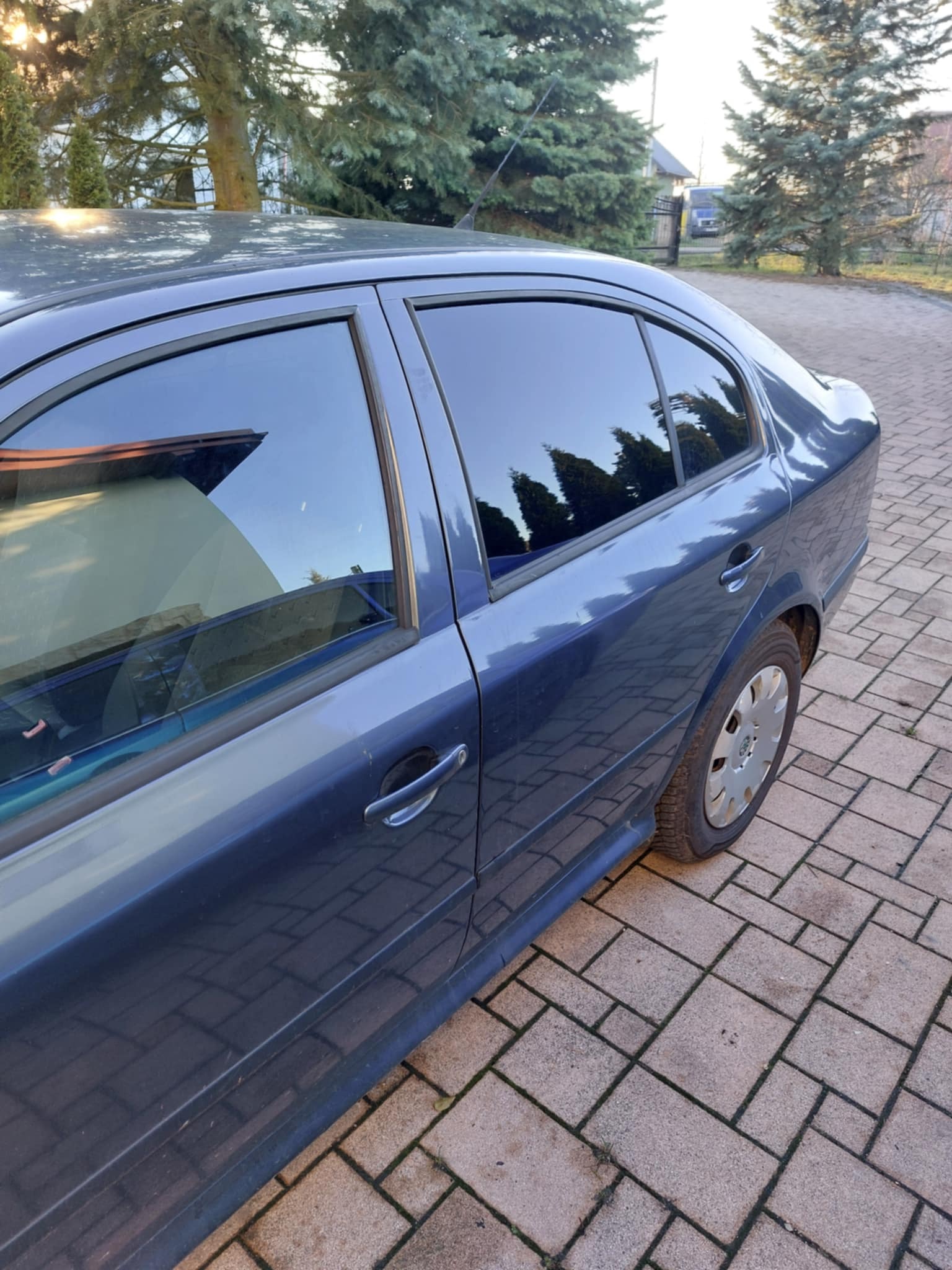 Niebieski samochód osobowy z przyciemnionymi szybami, zaparkowany na brukowanym podjeździe, widok z boku, z odbiciem drzew w szybach.