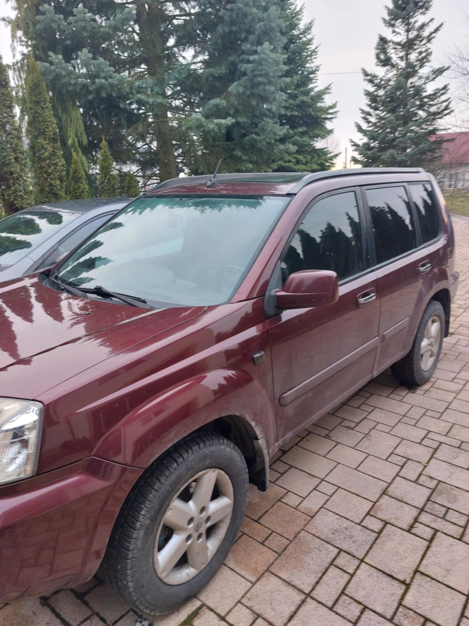 Ciemnoczerwony SUV marki Nissan X-Trail z przyciemnionymi szybami, zaparkowany na brukowanym podjeździe przed domem z iglakami w tle.