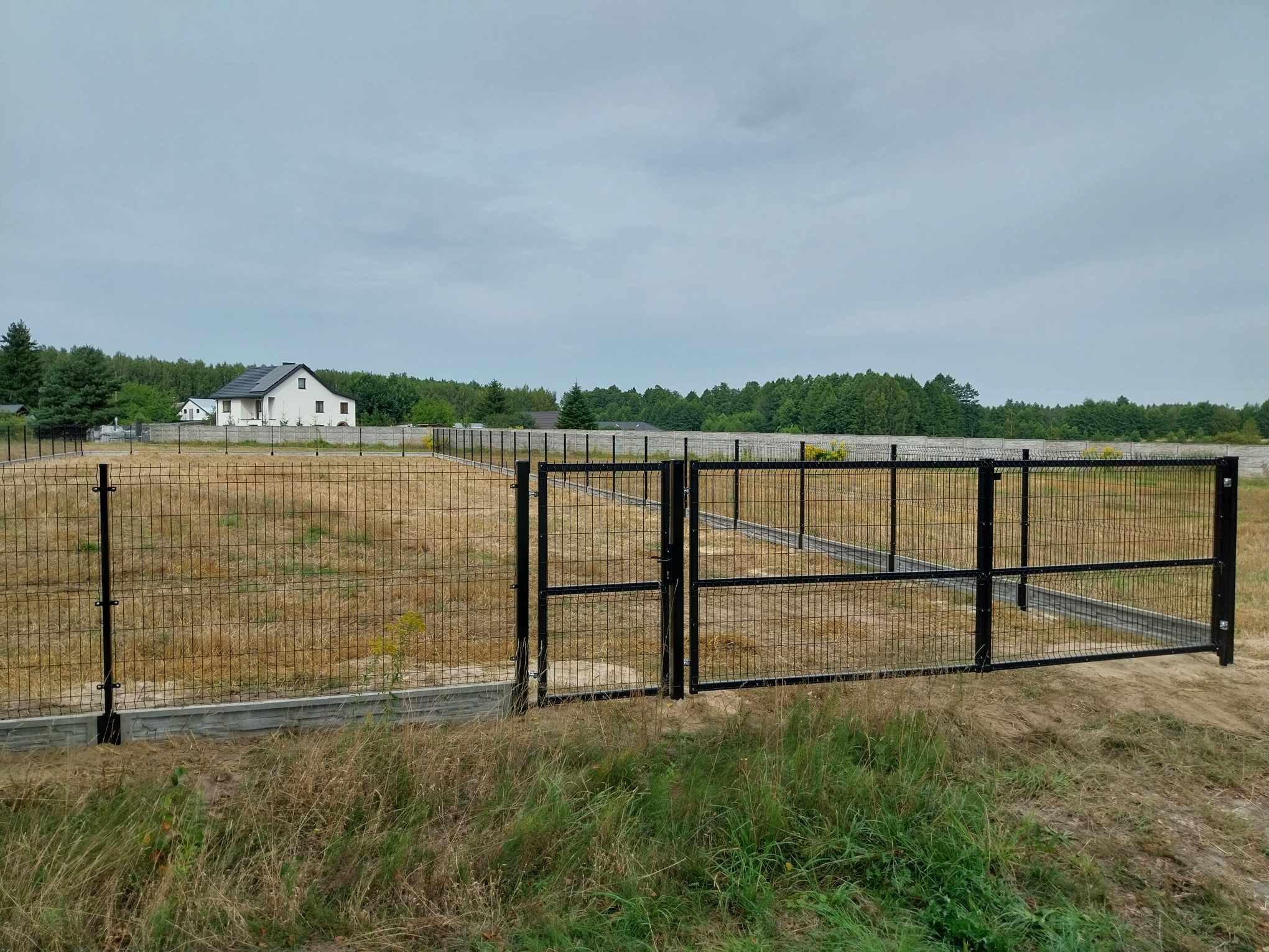 Czarna, dwuskrzydłowa brama wjazdowa z siatki panelowej, zamontowana w ogrodzeniu na betonowej podmurówce, na tle domu i lasu.