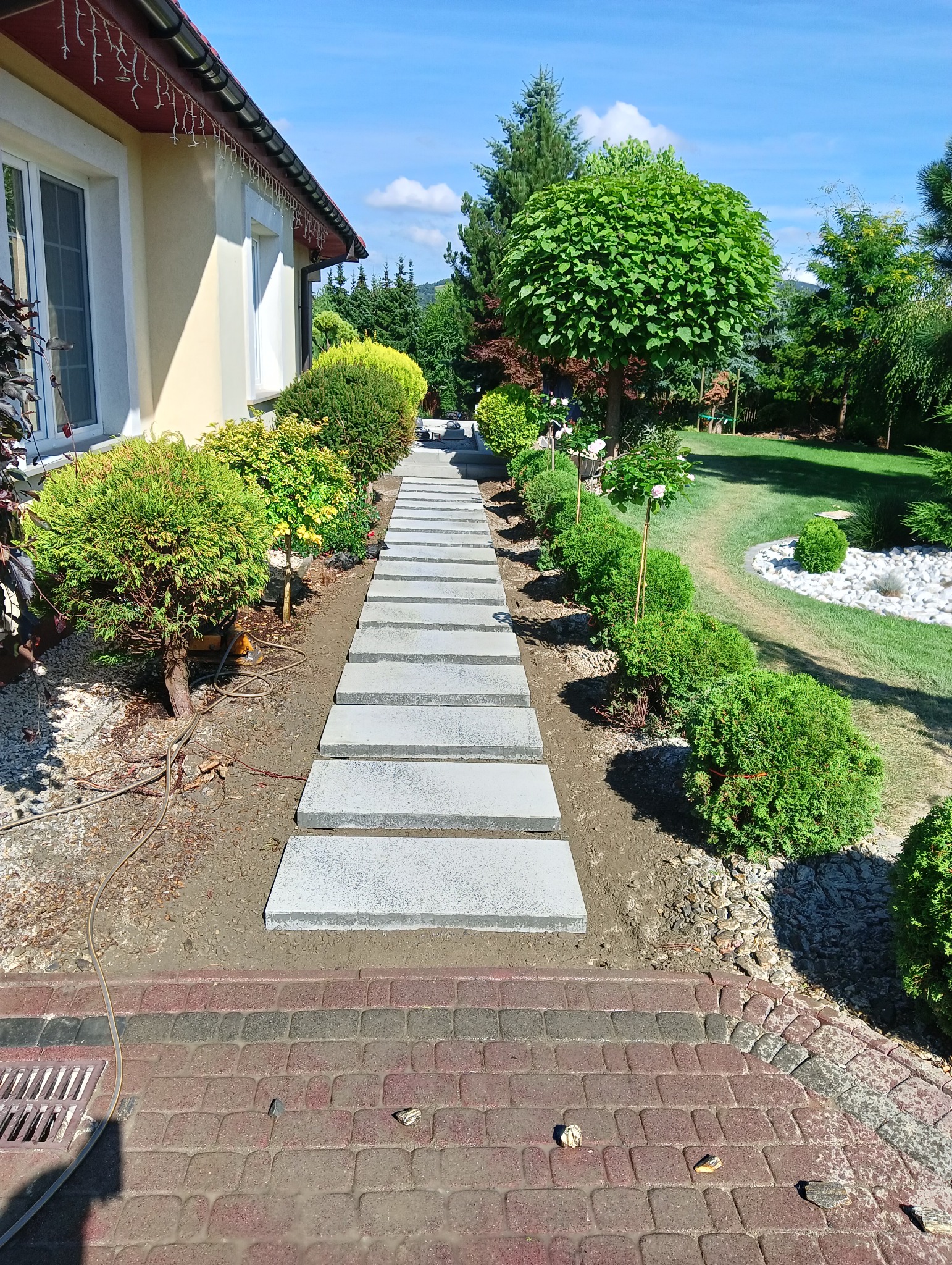 Ścieżka z szarych płyt betonowych prowadząca przez zadbany ogród z krzewami i drzewami, widok w kierunku domu z czerwonej kostki brukowej.