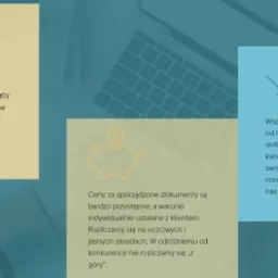 Grafika przedstawiająca schematycznie przygotowywanie dokumentacji, oszczędności i współpracę z klientami na tle klawiatury laptopa.