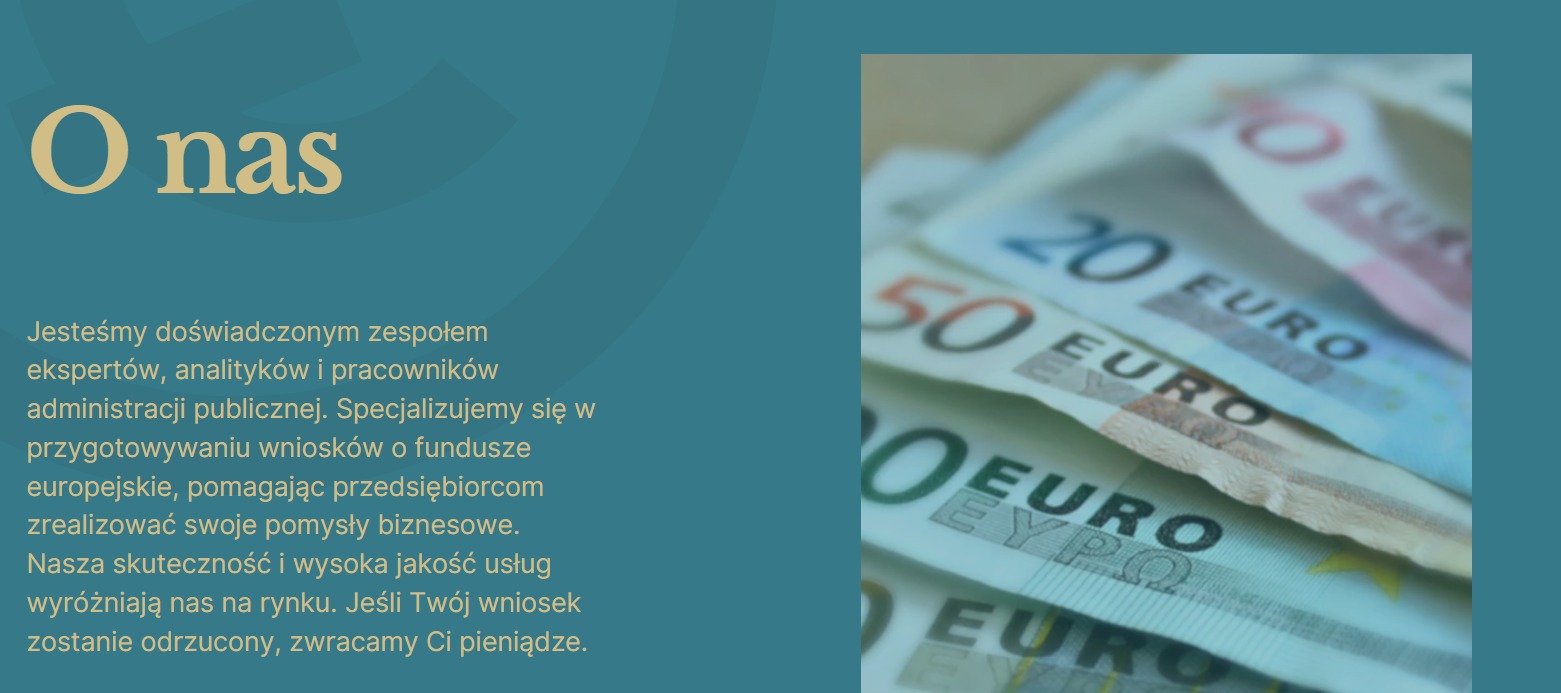 Tekst 'O nas' obok rozmytego stosu banknotów euro, ilustracja oferty firmy z Lublina specjalizującej się w pozyskiwaniu funduszy.