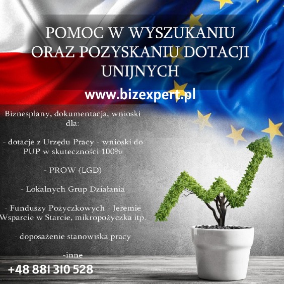 Grafika reklamowa: Pomoc w wyszukaniu i pozyskaniu dotacji unijnych, strona www.bizexpert.pl, lista rodzajów dotacji, numer telefonu, flaga Polski i Unii Europejskiej w tle, roślina w doniczce...