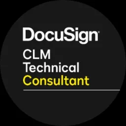 Czarno-białe logo DocuSign CLM Technical Consultant z żółtym podkreśleniem napisu 'Consultant' w okrągłej ramce.