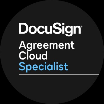 Okrągła odznaka DocuSign Agreement Cloud Specialist, oferowana w Szczecinie, symbolizująca specjalizację w systemach do zarządzania umowami.