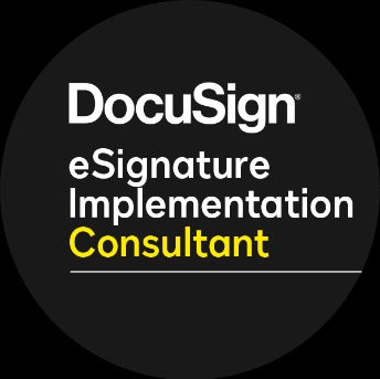 Logo DocuSign z napisem 'eSignature Implementation Consultant', gdzie słowo 'Consultant' jest wyróżnione żółtym kolorem, umieszczone na czarnym okręgu.