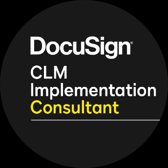 Czarno-białe logo DocuSign CLM Implementation Consultant, z żółtym napisem 'Consultant'.