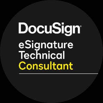 Okrągłe logo DocuSign eSignature Technical Consultant na czarnym tle, z napisem 'Consultant' wyróżnionym żółtym kolorem.