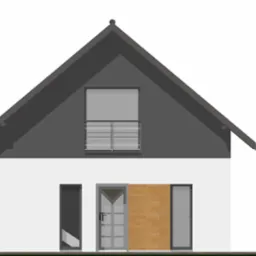 Wizualizacja dwukondygnacyjnego domu jednorodzinnego z poddaszem użytkowym, prezentująca elewację frontową z oknem balkonowym na poddaszu, drzwiami wejściowymi z przeszkleniami i sąsiadującymi oknami.