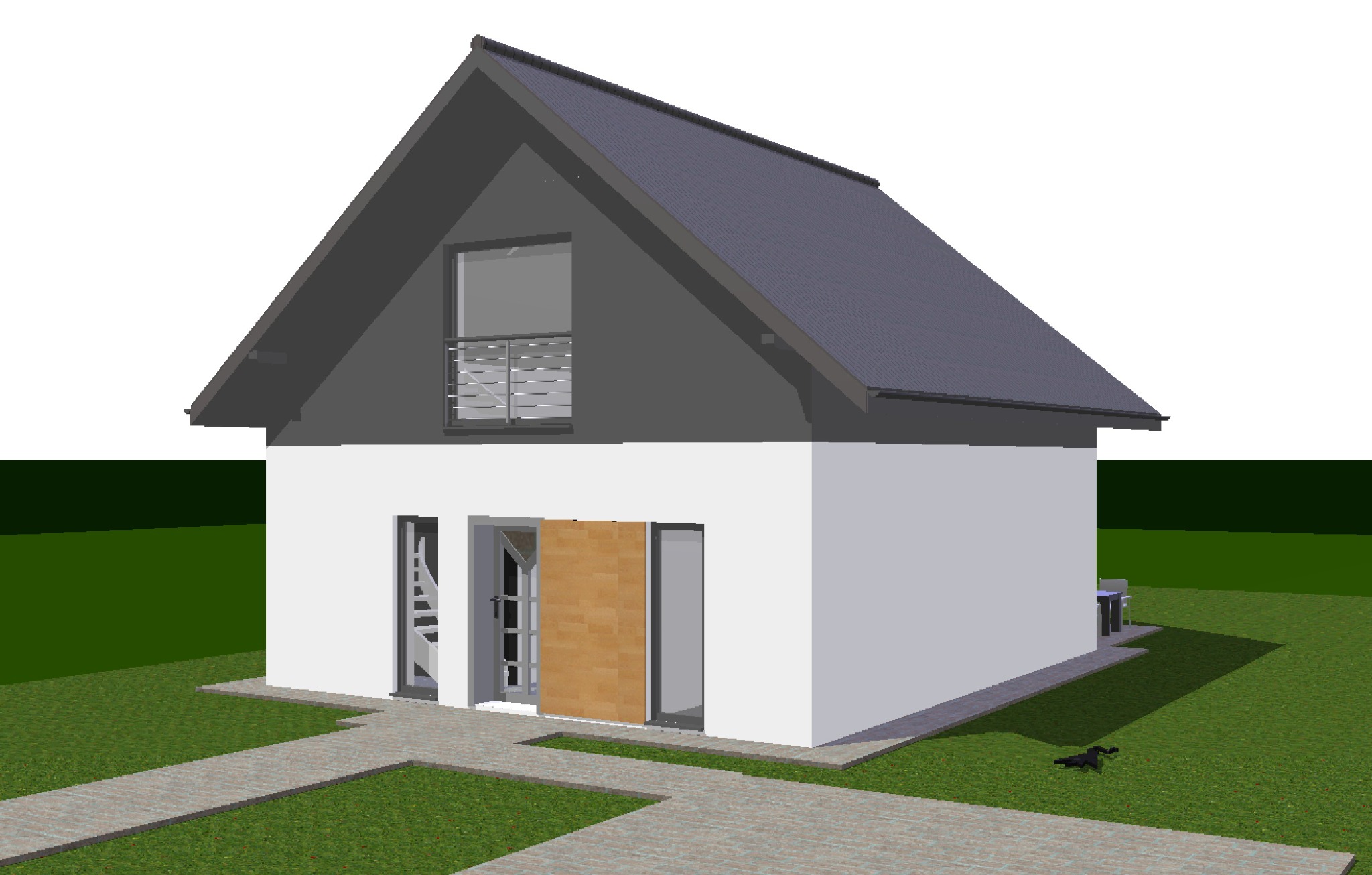 Wizualizacja 3D nowoczesnego domu jednorodzinnego z dwuspadowym dachem, balkonem z metalową balustradą, jasną elewacją i drewnianymi drzwiami wejściowymi.