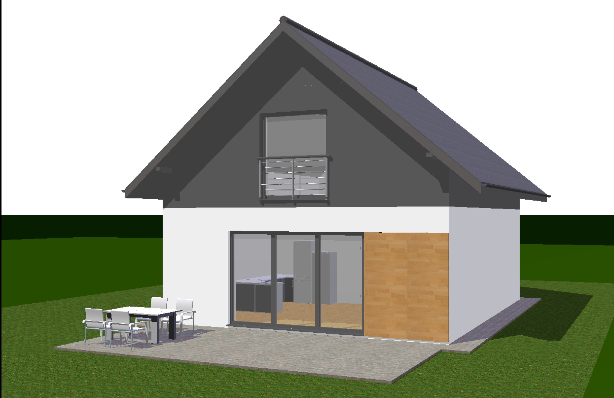 Wizualizacja 3D nowoczesnego domu jednorodzinnego z tarasem i meblami ogrodowymi, widok z perspektywy ogrodu.