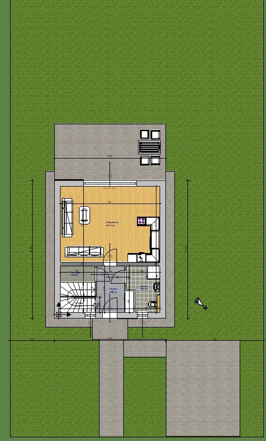 Rzut z góry domu jednorodzinnego z zaznaczonym układem pomieszczeń, meblami i wyposażeniem, otoczony trawnikiem i chodnikiem.