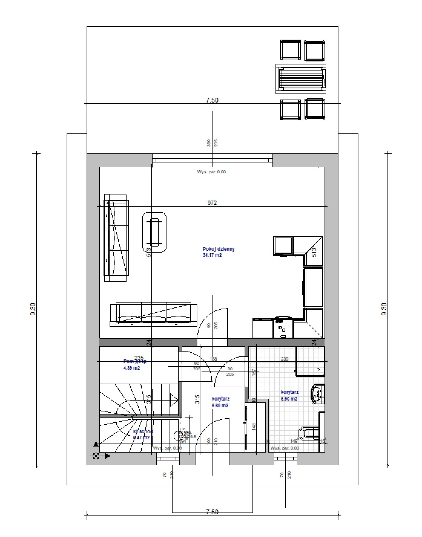 Rzut parteru domu jednorodzinnego z wymiarami, uwzględniający salon, kuchnię, korytarz, schody i łazienkę.