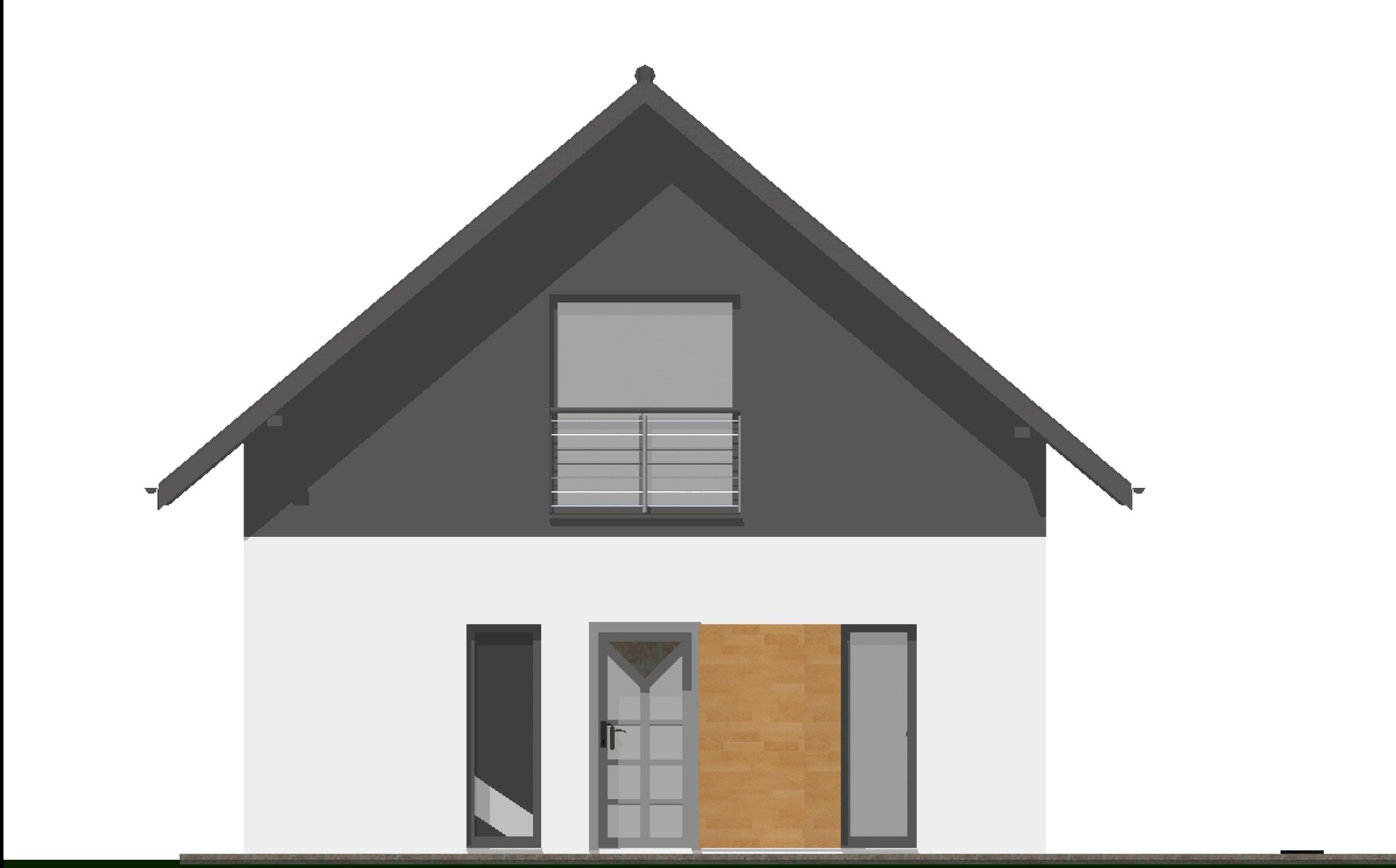 Wizualizacja dwukondygnacyjnego domu jednorodzinnego z poddaszem użytkowym, prezentująca elewację frontową z oknem balkonowym na poddaszu, drzwiami wejściowymi z przeszkleniami i sąsiadującymi oknami.