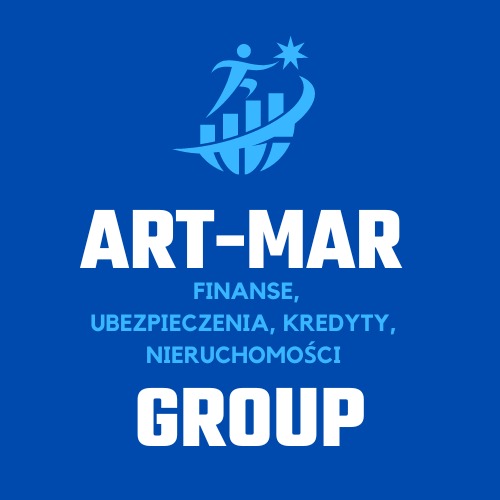 Niebieskie logo ART-MAR GROUP z grafiką stylizowaną na wykres słupkowy, człowieka i gwiazdę, oferujące finanse, ubezpieczenia, kredyty i nieruchomości.