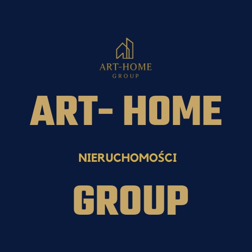 Logo firmy Art-Home Group Nieruchomości na granatowym tle. Złoty symbol domu i napis 'ART-HOME' oraz 'NIERUCHOMOŚCI GROUP'. Minimalistyczny design.