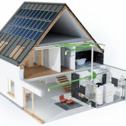 Przekrój domu z widocznym systemem wentylacji z rekuperacją, panelami słonecznymi na dachu oraz instalacją grzewczą w piwnicy.