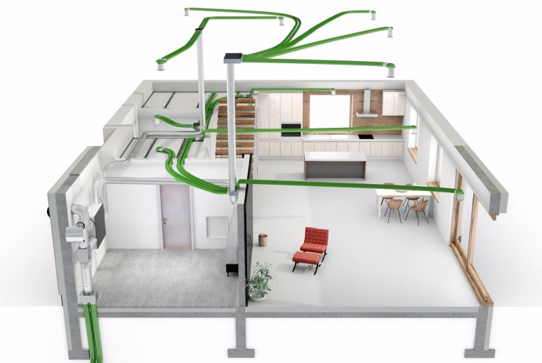 Przekrój 3D instalacji wentylacyjnej z zielonymi przewodami w domu jednorodzinnym w Dąbrowie Tarnowskiej, widoczna kuchnia, salon i sypialnia.
