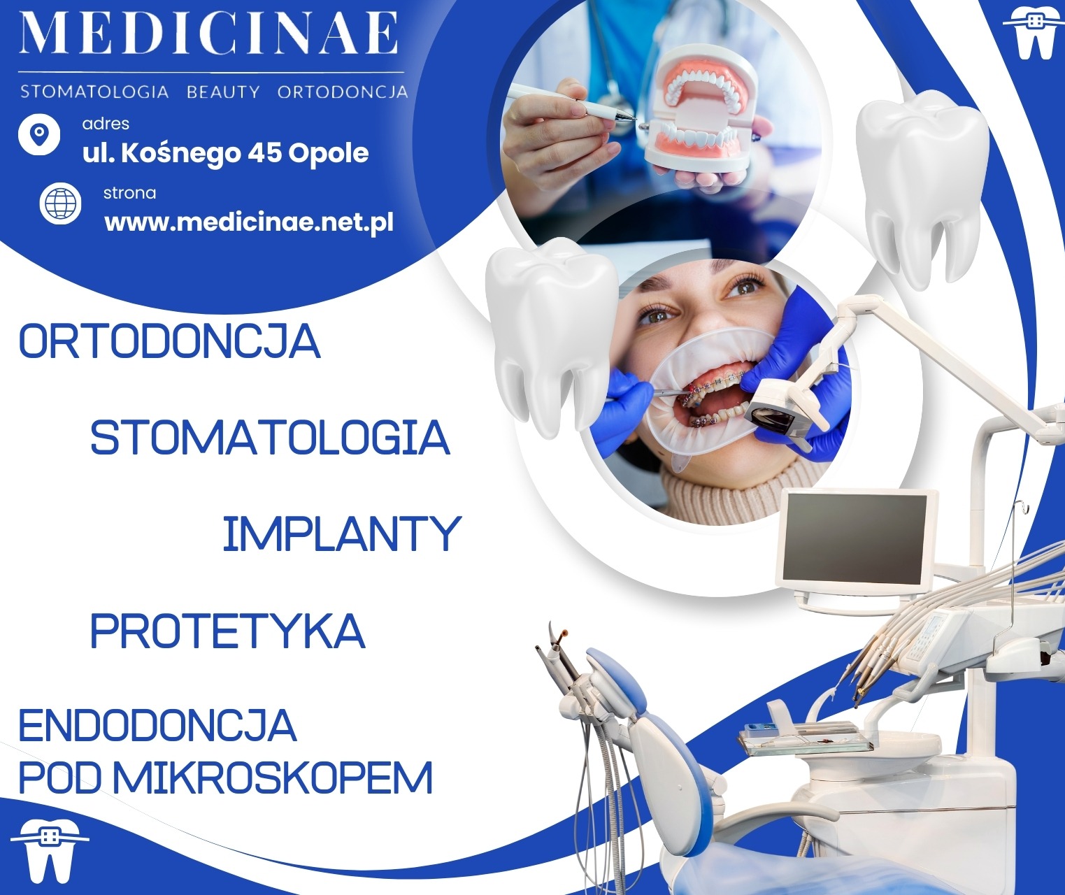 Grafika stomatologiczna: uśmiech z aparatem, model szczęki i gabinet dentystyczny. Reklama usług ortodoncji, implantów i protetyki w klinice.