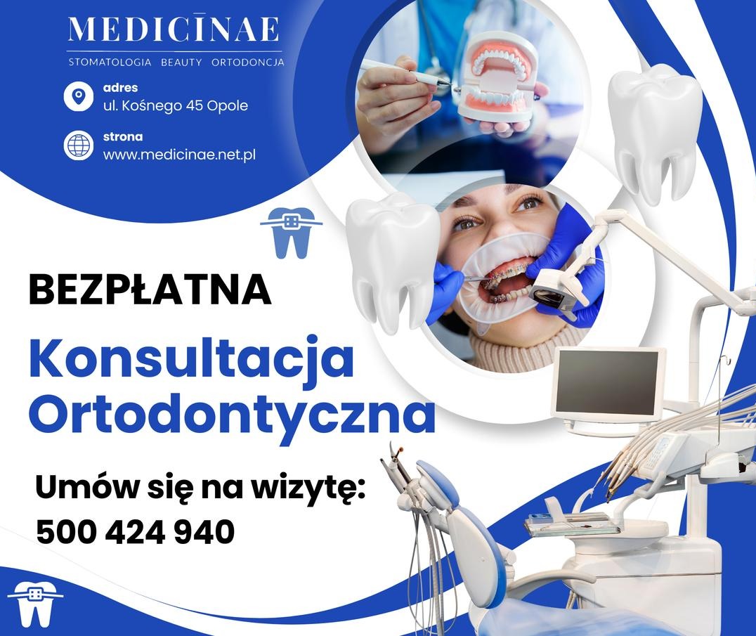 Grafika reklamowa: oferta bezpłatnej konsultacji ortodontycznej. Uśmiechnięta pacjentka w trakcie zabiegu, model szczęki i adres kliniki.