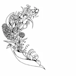 Czarno-biały lineart przedstawiający kompozycję różnych kwiatów, w tym konwalii, hiacyntu i innych, ułożonych w dekoracyjny łuk.