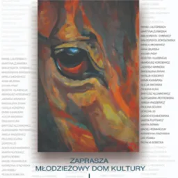 Plakat promujący wystawę malarstwa i rysunku 'Zwierzęta w kadrze', prezentujący zbliżenie na malarski portret lwa o intensywnych pomarańczowo-brązowych barwach, z listą nazwisk autorów...